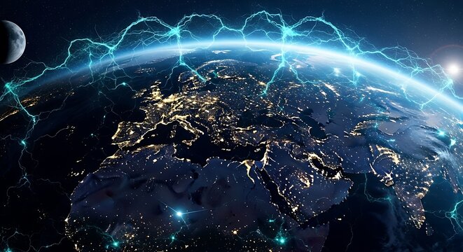 Earth from space with glowing network connections over Europe and Africa at night