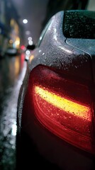 Rain-covered asphalt reflects lights while a car passes by, creating a dramatic and atmospheric street view.