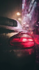 Rain-covered asphalt reflects lights while a car passes by, creating a dramatic and atmospheric street view.