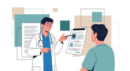 Doctor Explaining Medical Report To Patient Showing Exam Results And Medical Diagnosis