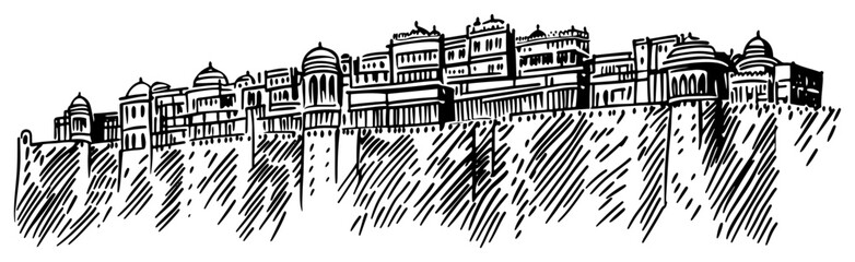 Historic Indian Palace on Cliff Vintage Engraving Vector © Tomas