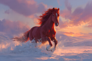 A red horse runs through the snow in the rays of the setting sun, stylized as an oil painting.