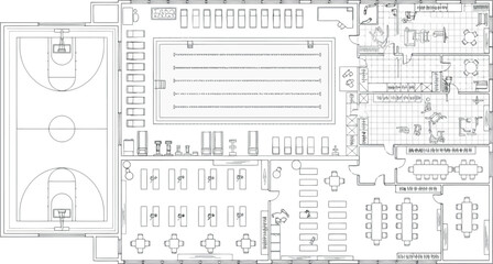 Vector art of architectural blueprint of a sports complex with swimming pool and gymnasium