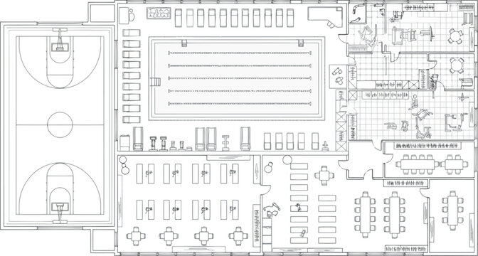 Vector art of architectural blueprint of a sports complex with swimming pool and gymnasium
