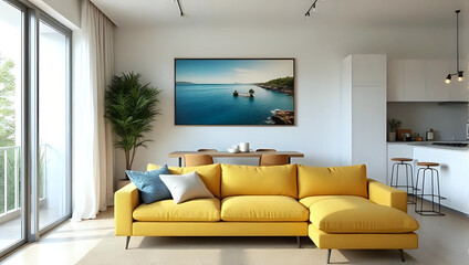 Modern minimalist coastal-inspired living room : yellow sofa, nautical interior, decor, canvas wall art - contemporary coastal living and beach house interior design concept