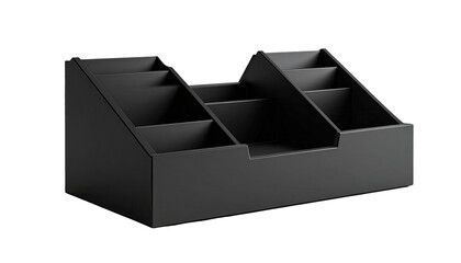 Angular black office organizer with multiple compartments and tiers, presented on a dark, solid black background, showcasing a clean and organized aesthetic with a minimalist design.