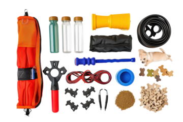 A colorful assortment of pet care supplies and training tools organized on a white background in preparation for a fun day outside isolated on transparent background