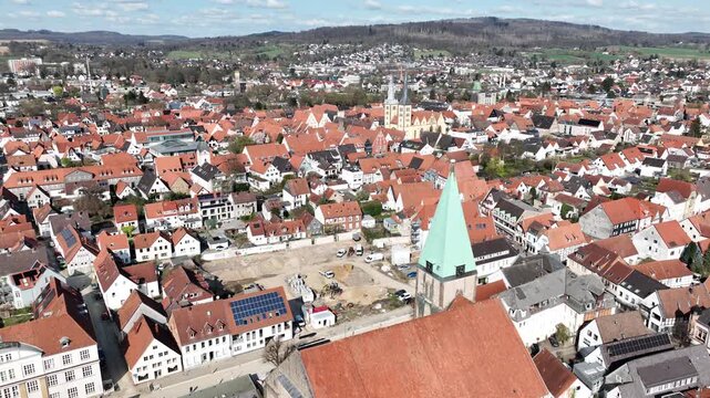 Descending aerial view of Lemgo city in Germany