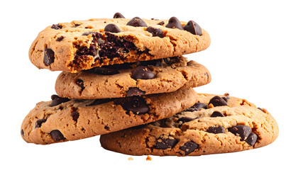 Stack of four chocolate chip cookies, one with a bite taken out, isolated on a white background.