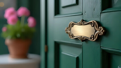 A golden blank metal nameplate, empty space ornate brass frame detail, isolated on dark green vintage wooden door - classic elegant entrance sign, custom house address, name tag, office label concept