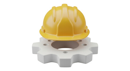 Yellow hard hat on top of a white gear isolated on transparent background