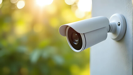 A modern white security camera mounted on exterior white wall, outside house with soft green foliage - home security, safety, surveillance, detection, high technology, property protection concept
