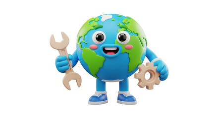 Obraz premium Cartoon earth character holding wrench and gear isolated on transparent background