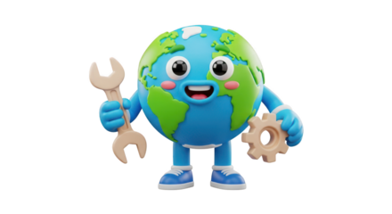 Cartoon earth character holding wrench and gear isolated on transparent background