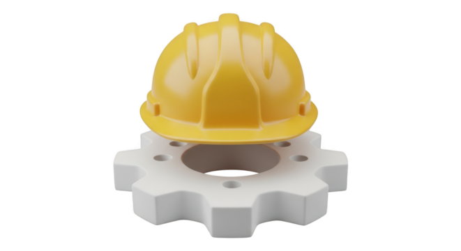 Yellow hard hat on top of a white gear isolated on transparent background