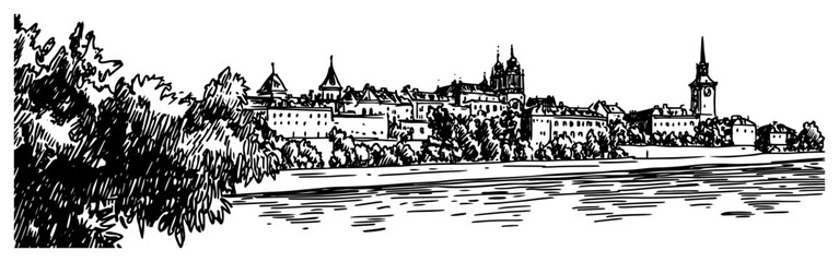 Obraz premium Riverside Old Town Skyline with Church Hand Drawn Vector