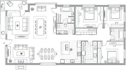 Vector art of detailed architectural floor plan of a modern house with multiple rooms and furniture
