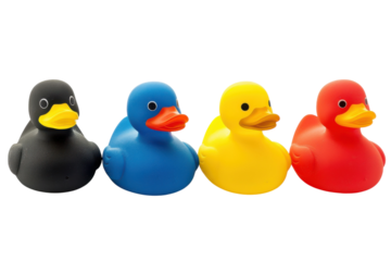 Colorful rubber ducks lined up cheerfully against a bright background, showcasing playful childhood memories and joys of bath time isolated on transparent background