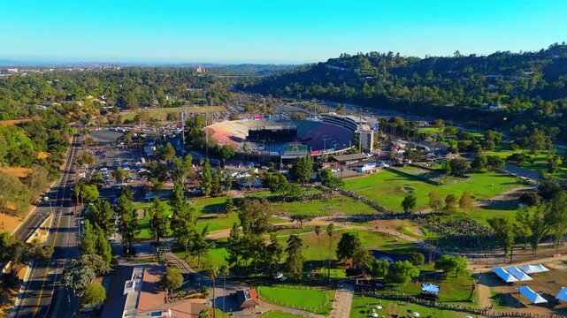 Aerial view of Rose Bowl Stadium Oasis Concert Preparation Aerial Los Angeles September 7 2025