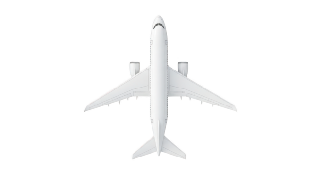 Top view of a generic white airplane isolated on transparent background