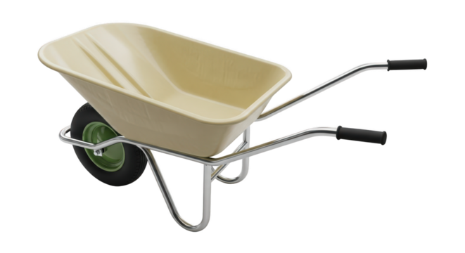 Beige wheelbarrow with green wheel isolated on transparent background