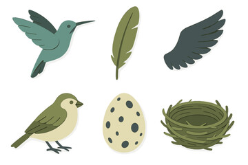 Obraz premium Collection of stylized bird elements including a hummingbird, small bird, nest, egg, feather, and wing in a layered papercut style