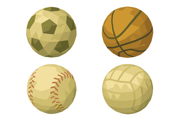 Geometric low poly style sports equipment set with game balls for athletic activities and team sports