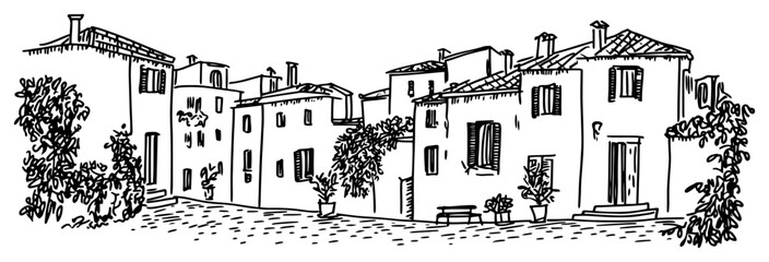 Tuscan Village Courtyard Street Engraved Vector