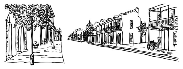 New Orleans French Quarter Street Panorama Line Art Vector © Tomas