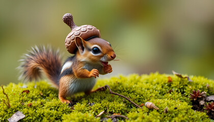 Obraz premium Cute Squirrel Wearing Acorn Hat on Mossy Ground, Whimsical Forest Animal for Children’s Book or Greeting Card Design, A bunny emoji with a carrotthemed hat 