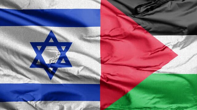 Rippling Israeli and Palestinian flags side-by-side, symbolizing complex geopolitical relations and the pursuit of peace in the Middle East.