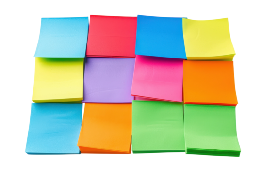 Colorful sticky notes arranged in a vibrant pattern on a white surface, creating a lively workspace energy isolated on transparent background