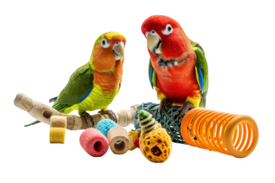 Brightly colored parrots playing with vibrant toys on a white background capture joyful moments of explorative bonding isolated on transparent background