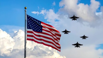 waving american flag and jet fighter - Powered by Adobe