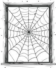 Obraz premium Spider web filling a window frame, black and white vector line art, thin clean lines, minimal style 1
