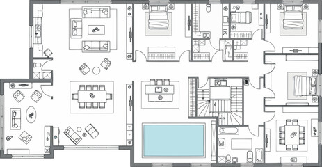 Vector art of architectural floor plan of a luxury house with living room, bedrooms, and swimming pool