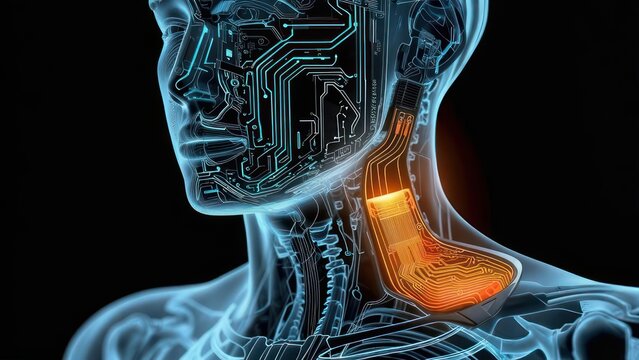 Digital Human Anatomy Depicting Electronic Circuitry and Biological Systems.