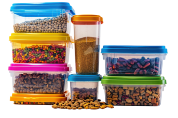 Colorful containers filled with various types of dry pet food stacked artistically on a bright surface in a playful arrangement isolated on transparent background