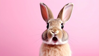 Cute bunny with open mouth against pink background