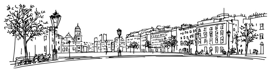 European City Square Promenade Vintage Engraving Vector