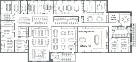 Vector art of architectural floor plan of a large office space with cubicles, meeting rooms, and reception area