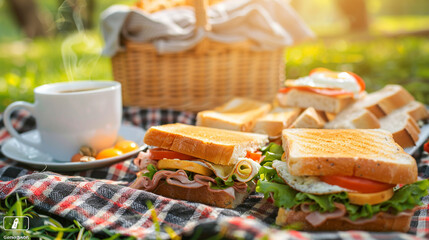 A realistic picnic scene on a checkered blanket 