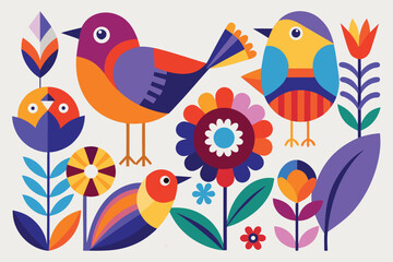 Naklejka premium Colorful Geometric Birds and Flowers in Scandinavian Folk Art Style animal nature