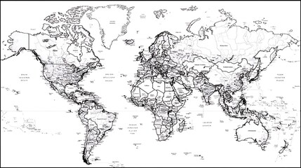 Minimalist black line world map isolated on the white background 