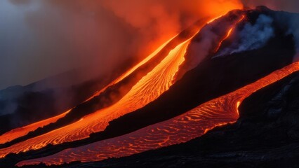 Dramatic volcanic eruption with molten lava flowing down the dark slopes at sunset.