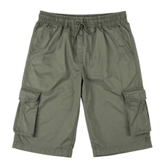 Olive-green cargo shorts isolated against a black background, featuring a drawstring waist, elastic waistband, and multiple pockets for casual wear.