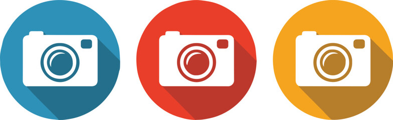 camera app icon set three colorful circular photography icons blue red yellow flat vector longshadow
