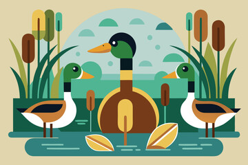 Stylized illustration of three mallard ducks in a pond with reeds and water plants bird