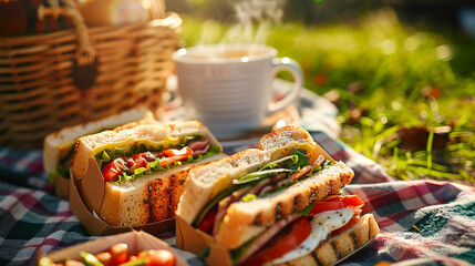 A realistic picnic scene on a checkered blanket 
