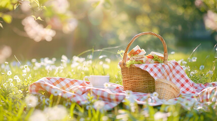 A realistic picnic scene on a checkered blanket 